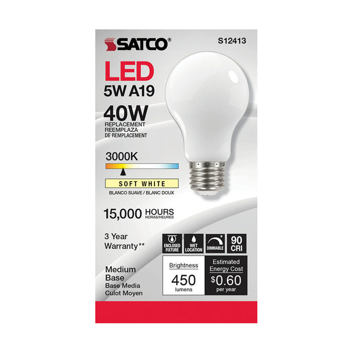 SATCO/NUVO 5W LED A19 Soft White 3000K Medium Base 90 CRI 120V (S12413)