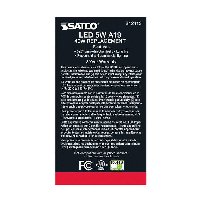 SATCO/NUVO 5W LED A19 Soft White 3000K Medium Base 90 CRI 120V (S12413)