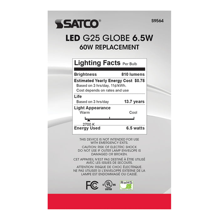 SATCO/NUVO 6.5G25/CL/LED/E26/27K/120V 6.5W G25 LED Clear Medium Base 2700K 810Lm 120V (S9564)