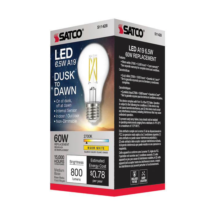 SATCO/NUVO 6.5W A19 LED Dusk To Dawn With Photocell 2700K Medium Base 320 Degree Beam Angle 120V (S11428)