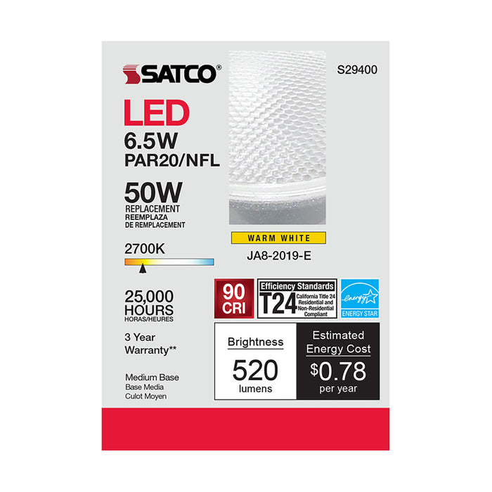 SATCO/NUVO 6.5W PAR20 LED 2700K 25 Degree Beam Angle Medium Base 120V (S29400)