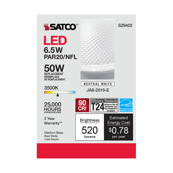 SATCO/NUVO 6.5W PAR20 LED 3500K 25 Degree Beam Angle Medium Base 120V (S29402)