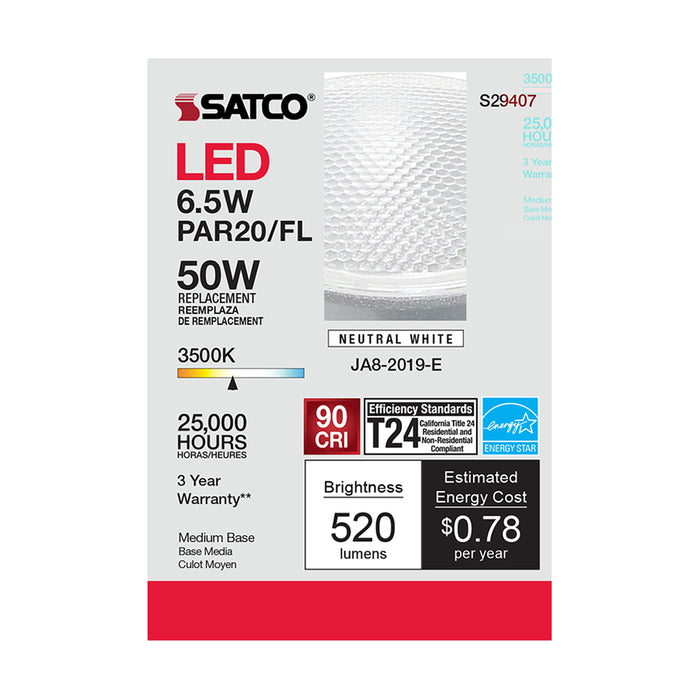SATCO/NUVO 6.5W PAR20 LED 3500K 40 Degree Beam Angle Medium Base 120V (S29407)