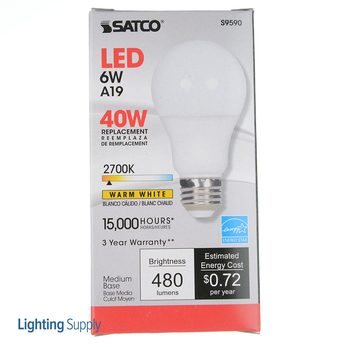SATCO/NUVO 6A19/LED/2700K/120V 6W A19 LED Frosted 2700K Medium Base 220 Degree Beam Spread 120V Non-Dimmable (S9590)