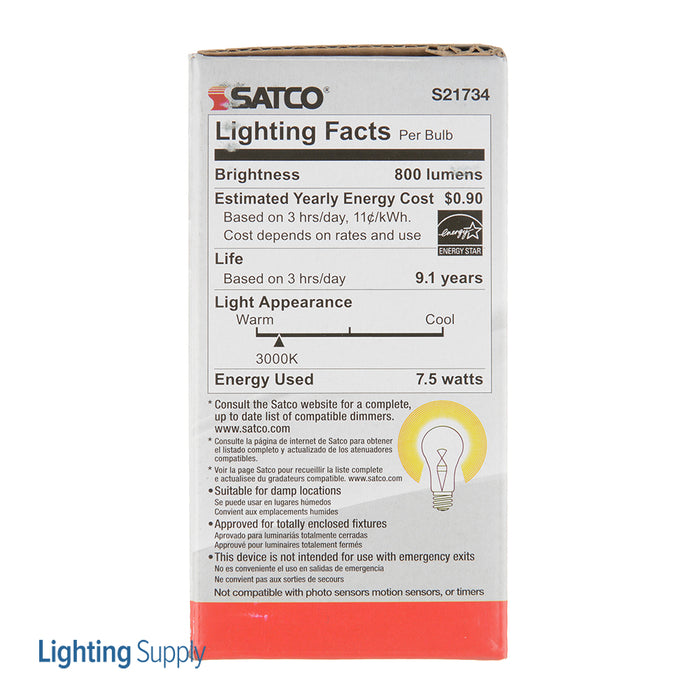SATCO/NUVO 7.5W A19 LED Clear Medium Base 3000K 120V 4-Pack (S21734)