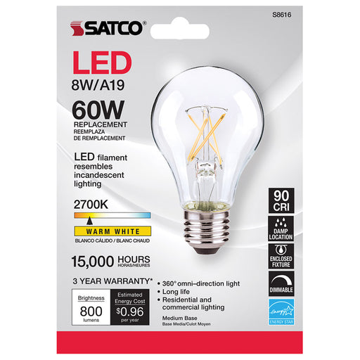 SATCO/NUVO 7A19/CL/LED/E26/27K/ES/120V 7W A19 LED Clear Medium Base 2700K 800Lm 120V Carded (S8616)