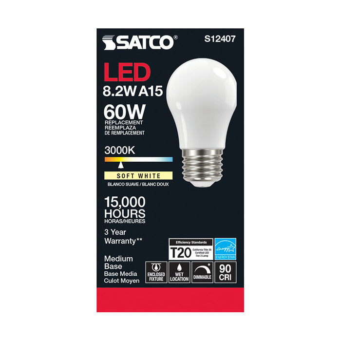 SATCO/NUVO 8.2W LED A15 Soft White Medium Base 3000K 90 CRI 120V (S12407)