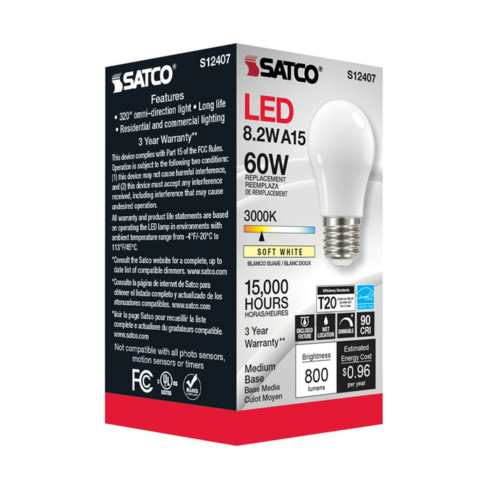 SATCO/NUVO 8.2W LED A15 Soft White Medium Base 3000K 90 CRI 120V (S12407)