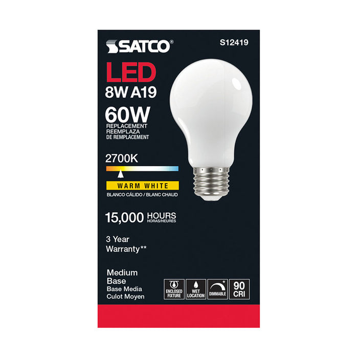 SATCO/NUVO 8.2W LED A19 Soft White Medium Base 2700K 90 CRI 120V (S12419)