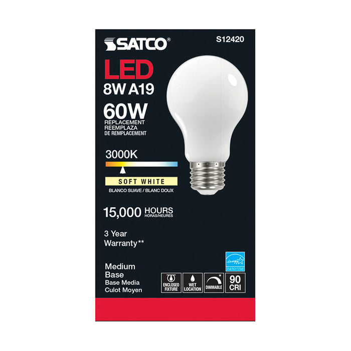 SATCO/NUVO 8.2W LED A19 Soft White Medium Base 3000K 90 CRI 120V (S12420)
