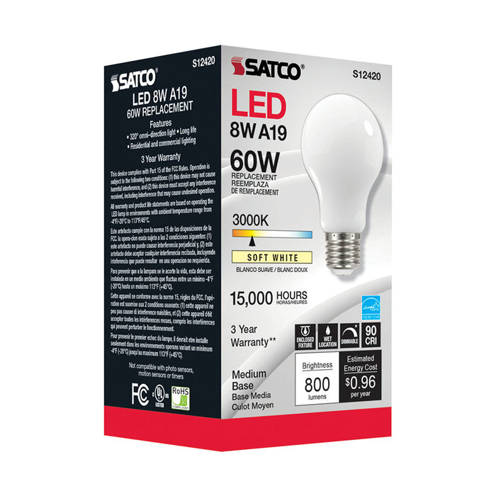 SATCO/NUVO 8.2W LED A19 Soft White Medium Base 3000K 90 CRI 120V (S12420)