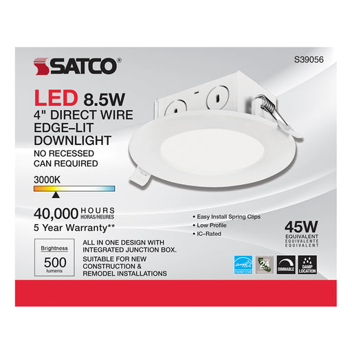 SATCO/NUVO 8.5W LED Direct Wire Downlight Edge-Lit 4 Inch 3000K 120V Dimmable (S39056)