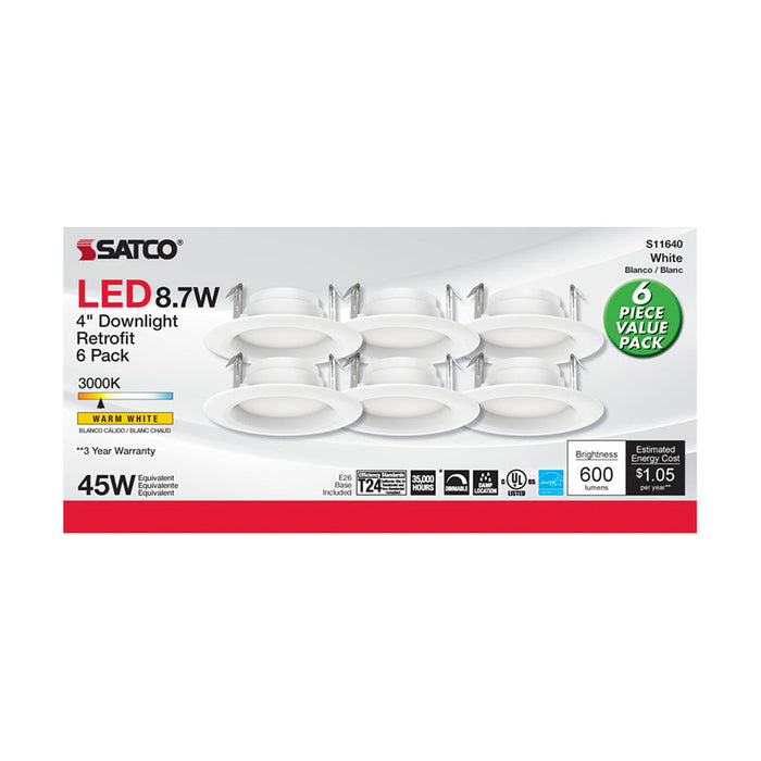 SATCO/NUVO 8.7W LED Downlight Retrofit 4 Inch 90 CRI 3000K 120V Pack Of 6 (S11640)