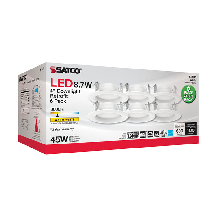SATCO/NUVO 8.7W LED Downlight Retrofit 4 Inch 90 CRI 3000K 120V Pack Of 6 (S11640)