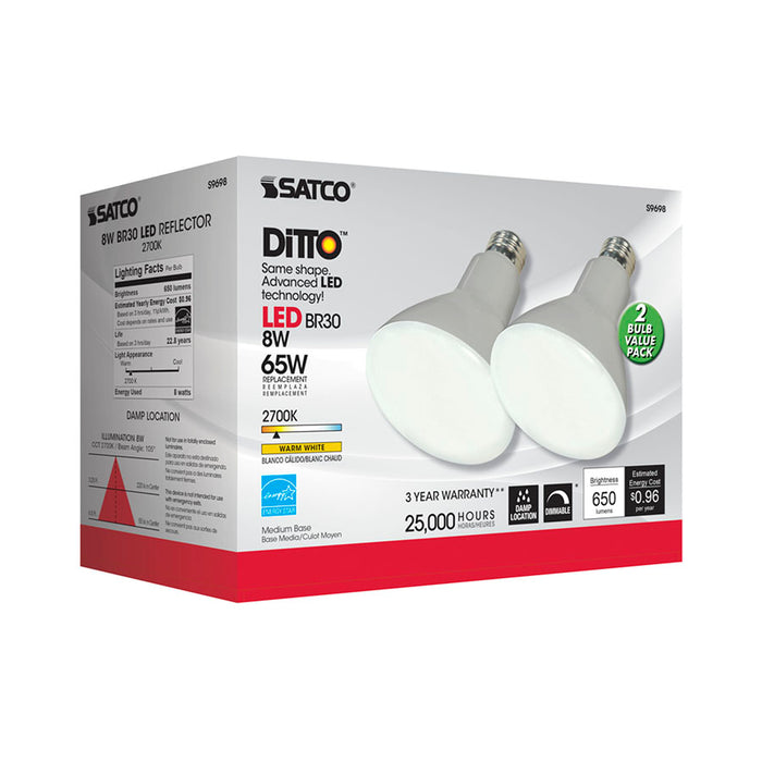 SATCO/NUVO 8BR30/LED/2700K/650L/2PK 8W BR30 LED Medium Base 2700K 105 Degree Beam Spread 120V 2-Pack Display Pack (S9698)