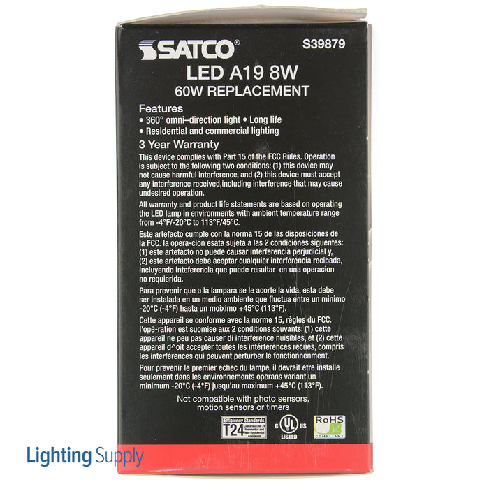 SATCO/NUVO 8W A19 LED Clear Finish Medium Base 2700K 120V (S39879)