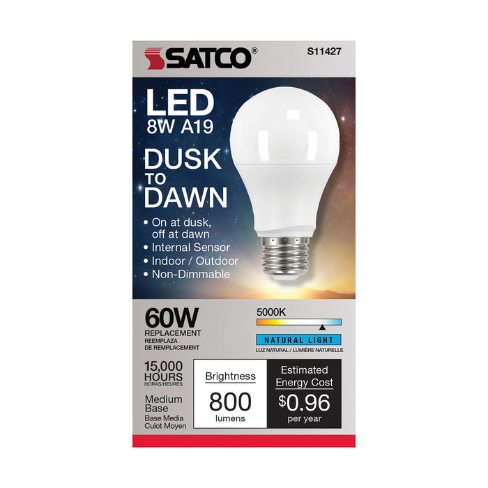 SATCO/NUVO 8W A19 LED Dusk To Dawn With Photocell 5000K Medium Base 200 Degree Beam Angle 120V (S11427)