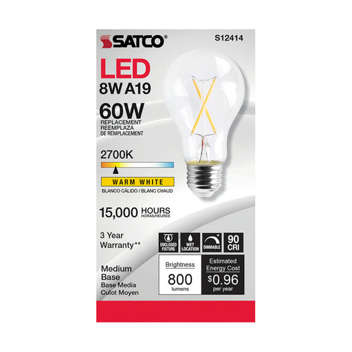 SATCO/NUVO 8W LED A19 Clear Medium Base 2700K 90 CRI 120V (S12414)