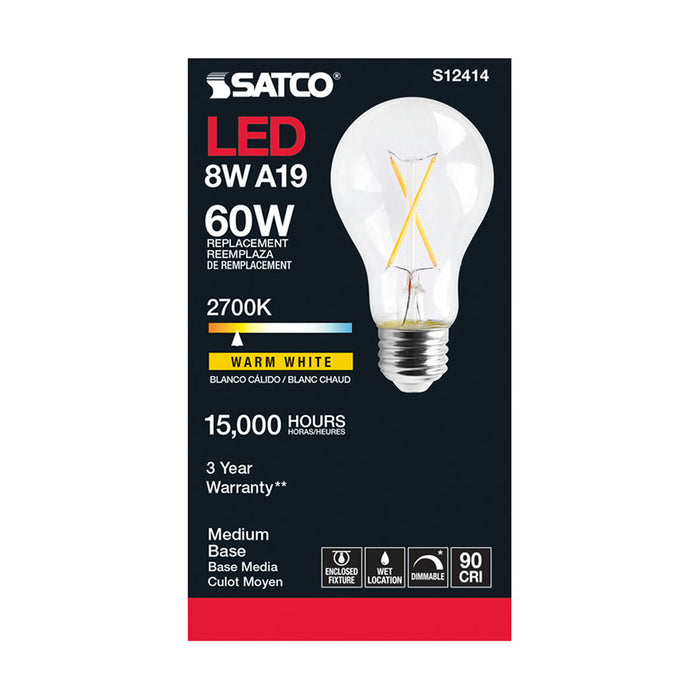 SATCO/NUVO 8W LED A19 Clear Medium Base 2700K 90 CRI 120V (S12414)