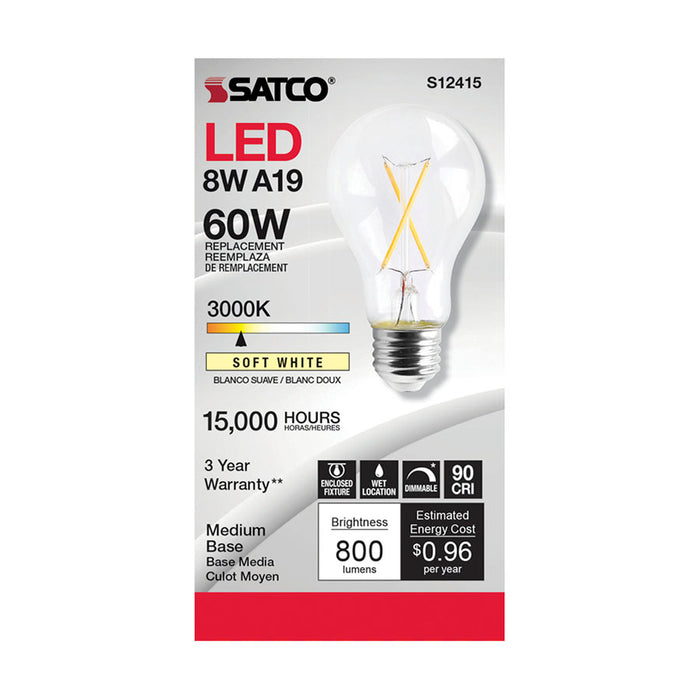 SATCO/NUVO 8W LED A19 Clear Medium Base 3000K 90 CRI 120V (S12415)