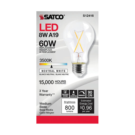 SATCO/NUVO 8W LED A19 Clear Medium Base 3500K 90 CRI 120V (S12416)