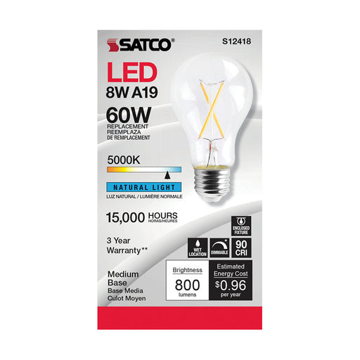 SATCO/NUVO 8W LED A19 Clear Medium Base 5000K 90 CRI 120V (S12418)