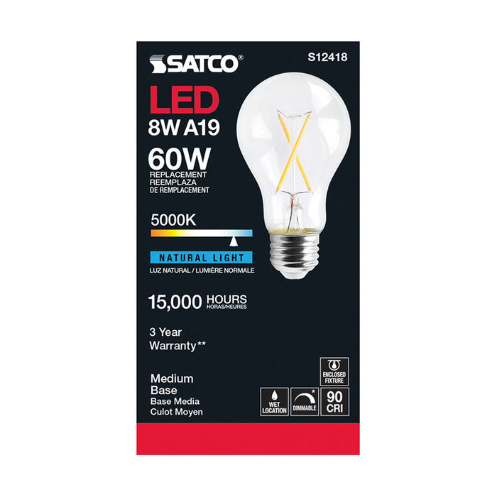 SATCO/NUVO 8W LED A19 Clear Medium Base 5000K 90 CRI 120V (S12418)