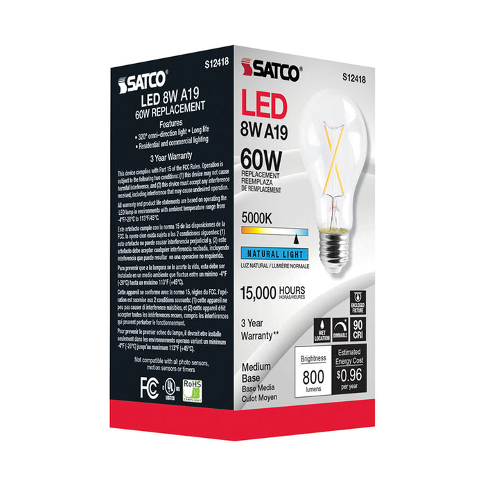 SATCO/NUVO 8W LED A19 Clear Medium Base 5000K 90 CRI 120V (S12418)