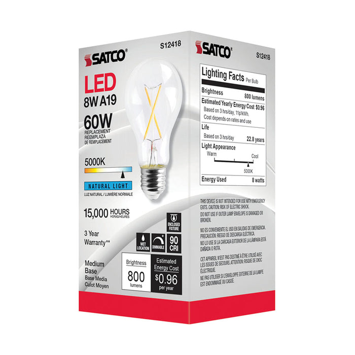 SATCO/NUVO 8W LED A19 Clear Medium Base 5000K 90 CRI 120V (S12418)