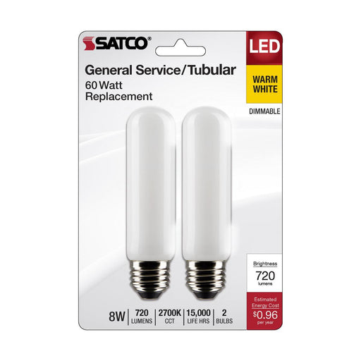 SATCO/NUVO 8W T10 LED Frosted Medium Base 2700K 720Lm 120V 2-Pack (S21866)