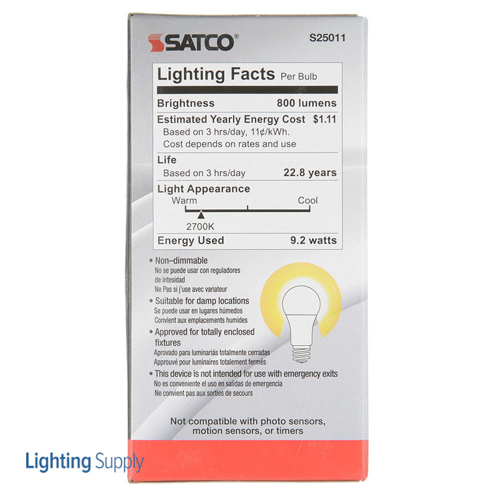 SATCO/NUVO 9.2W A19 LED 2700K Medium Base 220 Degree Beam Angle 12V-24Vac 12V-34V (S25011)