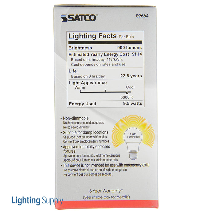 SATCO/NUVO 9.5A19/220/LED/5K/230V/E27 9.5W A19 LED Frosted 5000K European Medium Base E27 220 Degree Beam Spread 230V Non-Dimmable (S9664)