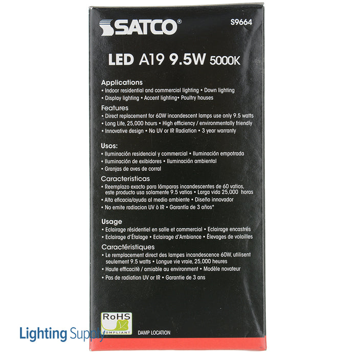 SATCO/NUVO 9.5A19/220/LED/5K/230V/E27 9.5W A19 LED Frosted 5000K European Medium Base E27 220 Degree Beam Spread 230V Non-Dimmable (S9664)