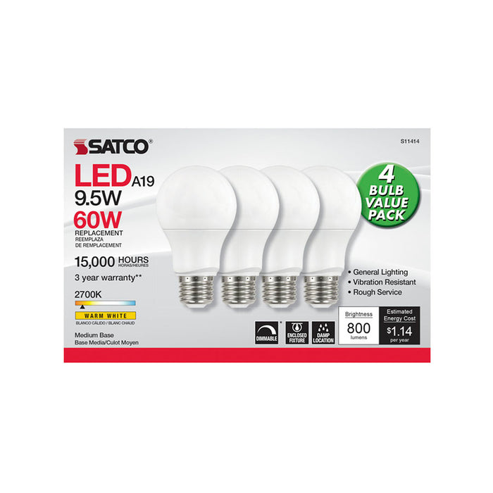SATCO/NUVO 9.5W A19 LED 2700K Dimmable Medium Base 230 Degree Beam Spread 4-Pack (S11414)