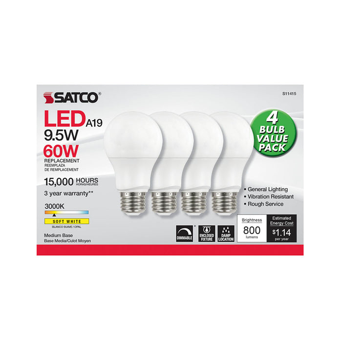 SATCO/NUVO 9.5W A19 LED 3000K Dimmable Medium Base 230 Degree Beam Spread 4-Pack (S11415)