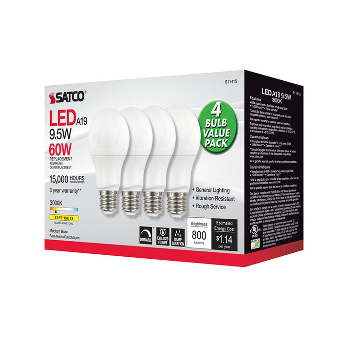 SATCO/NUVO 9.5W A19 LED 3000K Dimmable Medium Base 230 Degree Beam Spread 4-Pack (S11415)