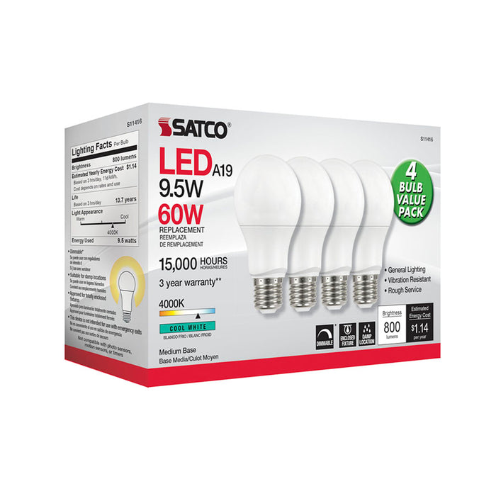 SATCO/NUVO 9.5W A19 LED 4000K Dimmable Medium Base 230 Degree Beam Spread 4-Pack (S11416)
