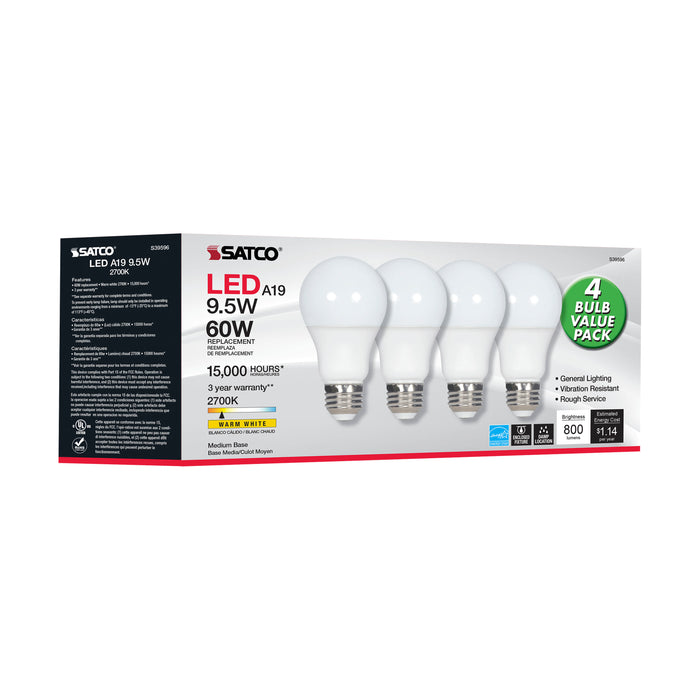 SATCO/NUVO 9.5W A19 LED Frosted 2700K Medium Base 220 Degree Beam Angle 120V Non-Dimmable 4-Pack (S39596)