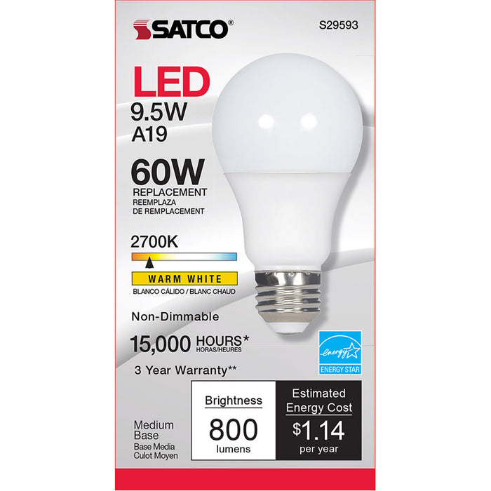 SATCO/NUVO 9.5W A19 LED Frosted 2700K Medium Base 220 Degree Beam Angle 120V Non-Dimmable (S29593)