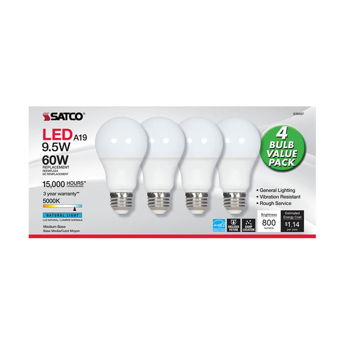 SATCO/NUVO 9.5W A19 LED Frosted 5000K Medium Base 220 Degree Beam Angle 120V Non-Dimmable 4-Pack (S39597)