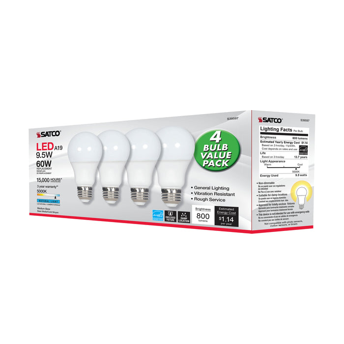 SATCO/NUVO 9.5W A19 LED Frosted 5000K Medium Base 220 Degree Beam Angle 120V Non-Dimmable 4-Pack (S39597)
