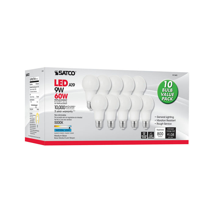 SATCO/NUVO 9W A19 LED 5000K Medium Base 220 Degree Beam Spread 10-Pack (S11401)