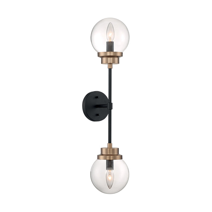 SATCO/NUVO Axis 2-Light Wall Sconce Fixture Matte Black Finish With Brass Accents Clear Glass (60-7122)