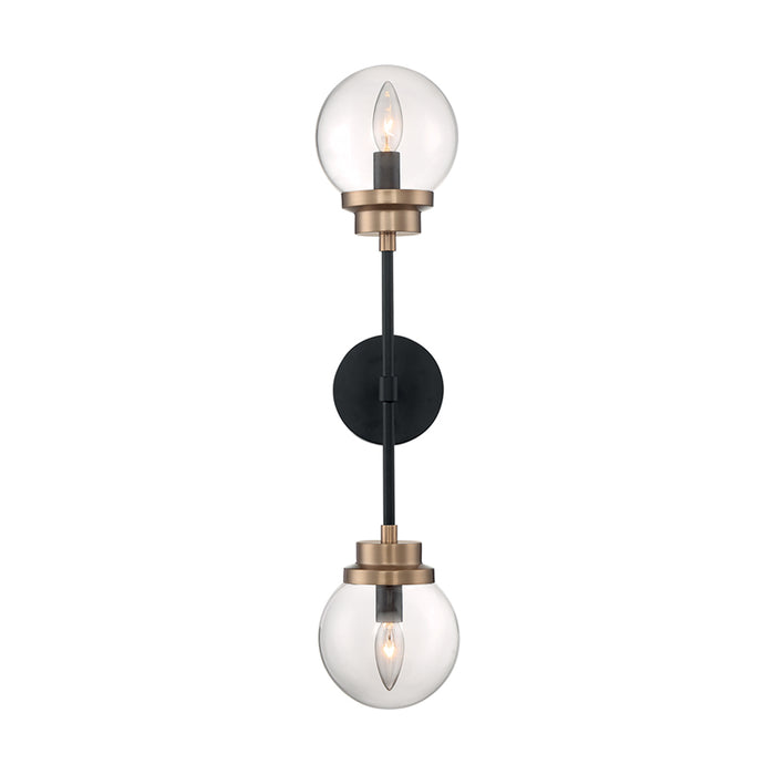 SATCO/NUVO Axis 2-Light Wall Sconce Fixture Matte Black Finish With Brass Accents Clear Glass (60-7122)