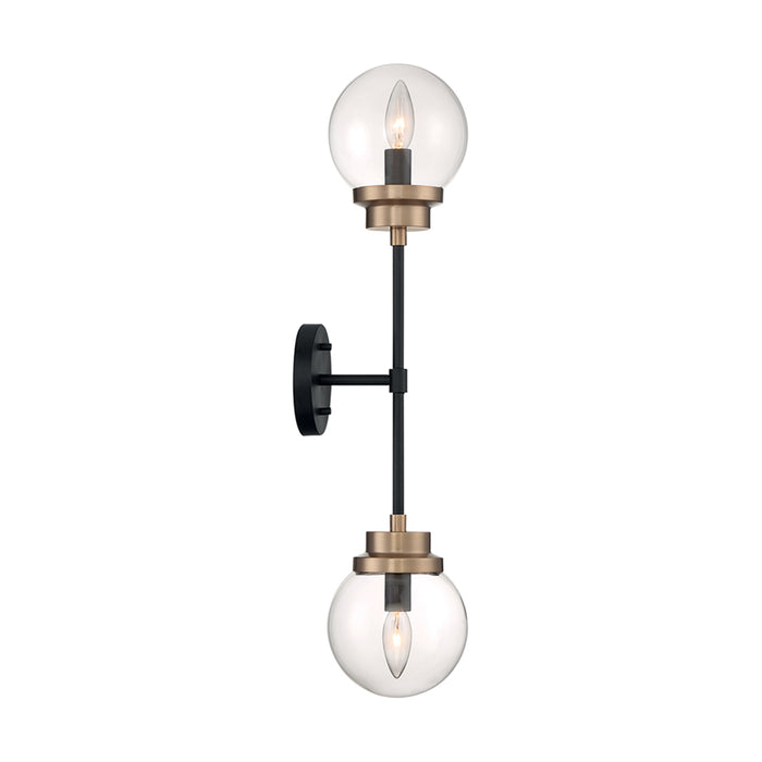 SATCO/NUVO Axis 2-Light Wall Sconce Fixture Matte Black Finish With Brass Accents Clear Glass (60-7122)