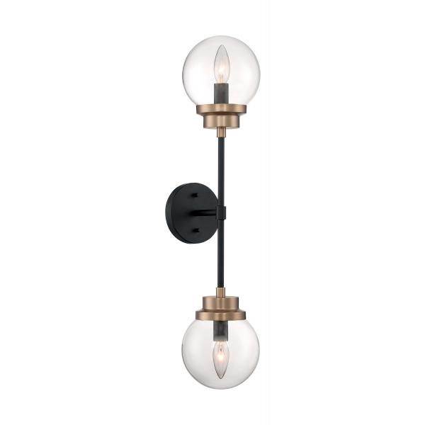 SATCO/NUVO Axis 2-Light Wall Sconce Fixture Matte Black Finish With Brass Accents Clear Glass (60-7122)