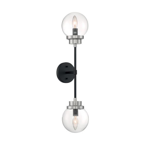 SATCO/NUVO Axis 2-Light Wall Sconce Fixture Matte Black Finish With Brushed Nickel Accents Clear Glass (60-7132)