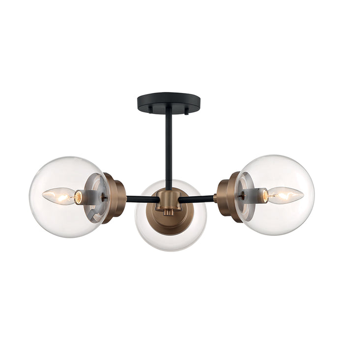 SATCO/NUVO Axis 3-Light Semi-Flush Fixture Matte Black Finish With Brass Accents Clear Glass (60-7123)