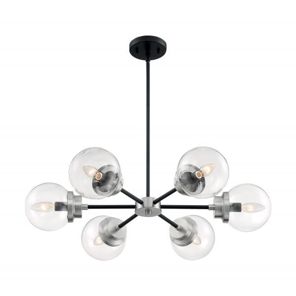 SATCO/NUVO Axis 6-Light Chandelier Fixture Matte Black Finish With Brushed Nickel Accents Clear Glass (60-7136)