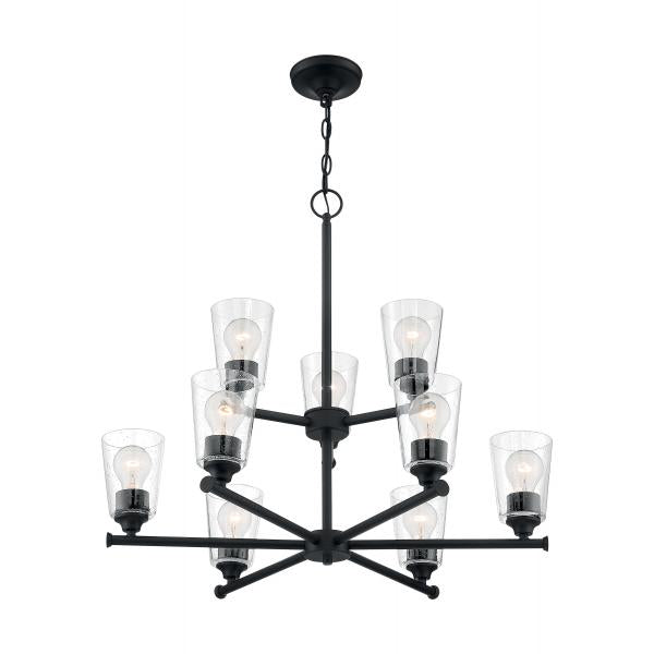 SATCO/NUVO Bransel 9-Light Chandelier Fixture Matte Black Finish With Clear Seeded Glass (60-7289)